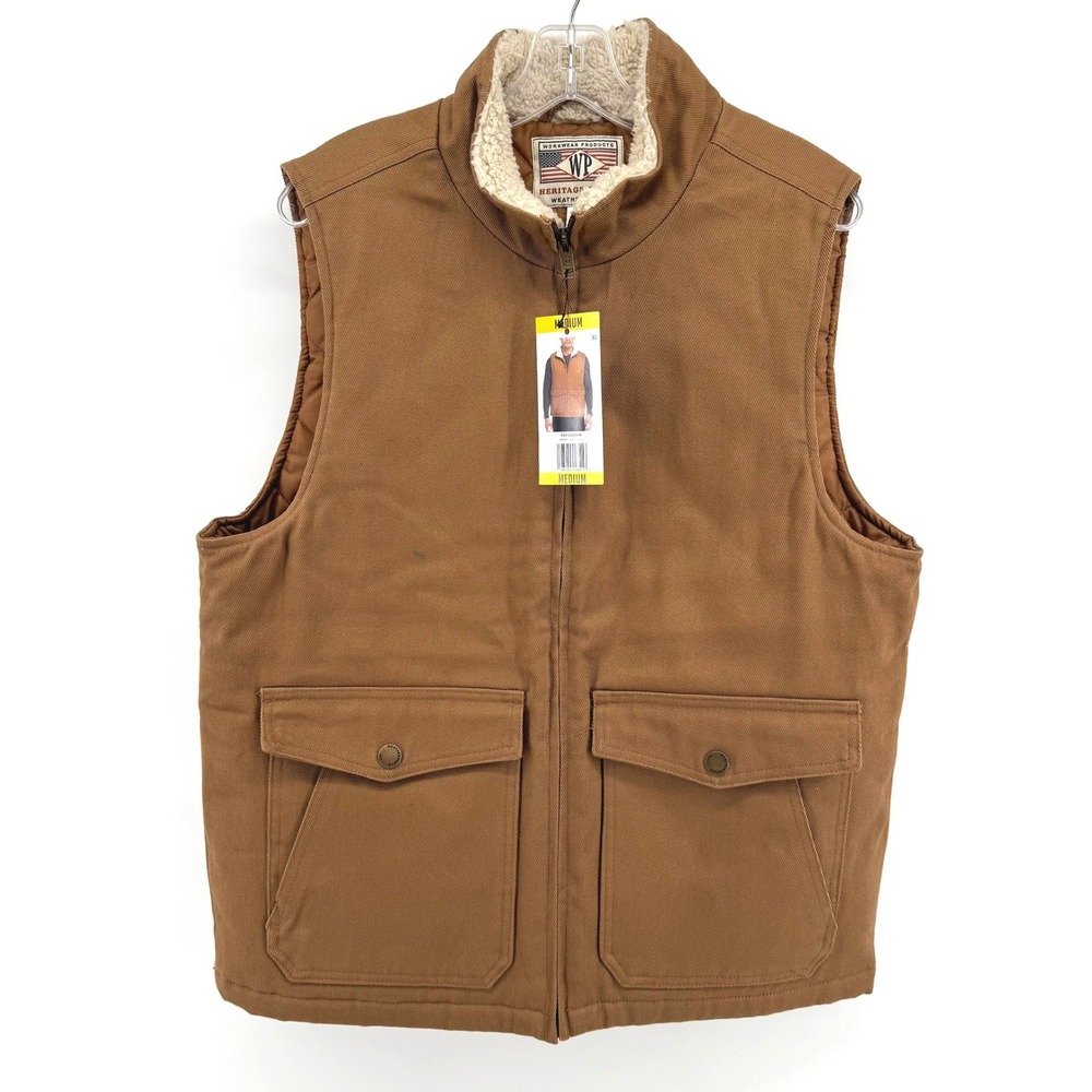 Weatherproof Canvas Workwear Vest Mens Medium Brown Sherpa Lined Quilted Utility